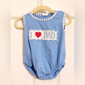 Boys Smocked Blue Baby Romper with 'I Love Dad' Design